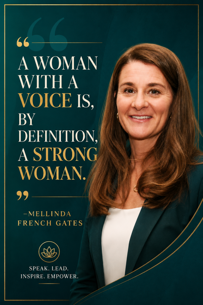 Teal and gold Pinterest graphic featuring Melinda French Gates quote on strength and voice.