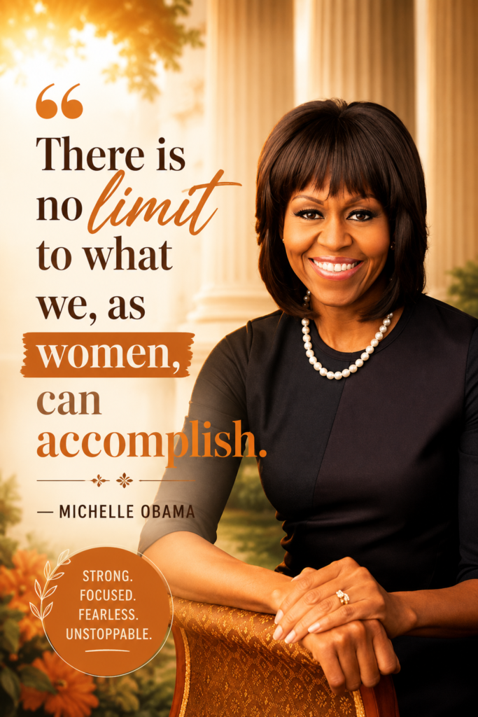 Warm amber and cream Pinterest pin featuring Michelle Obama quote on women's limitless potential.