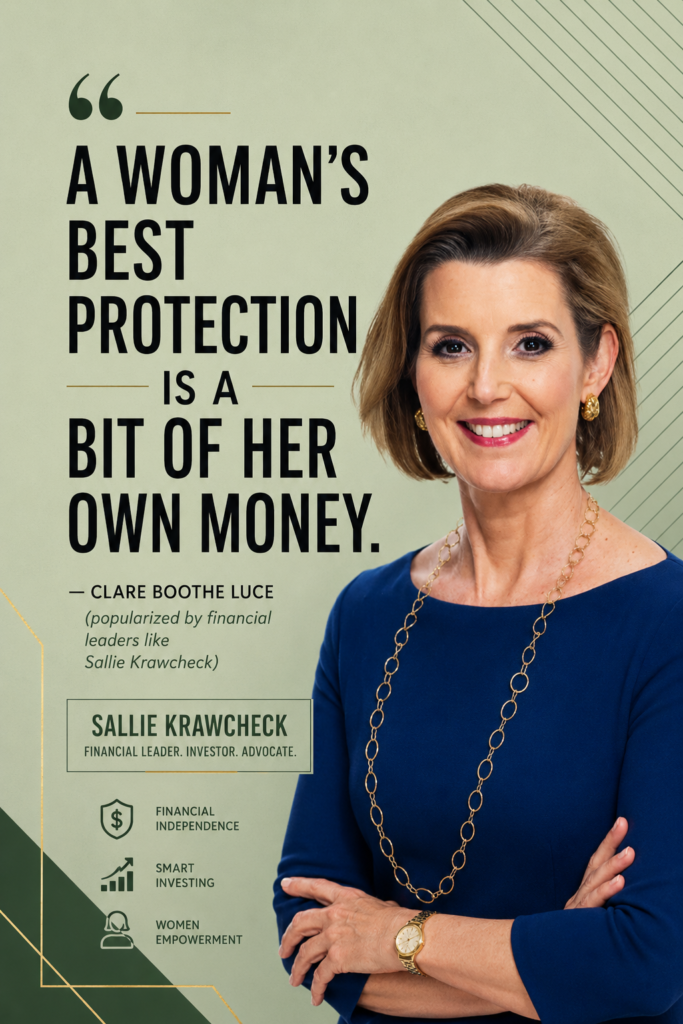 Sage green Pinterest pin featuring a powerful quote about women building their own money and security.