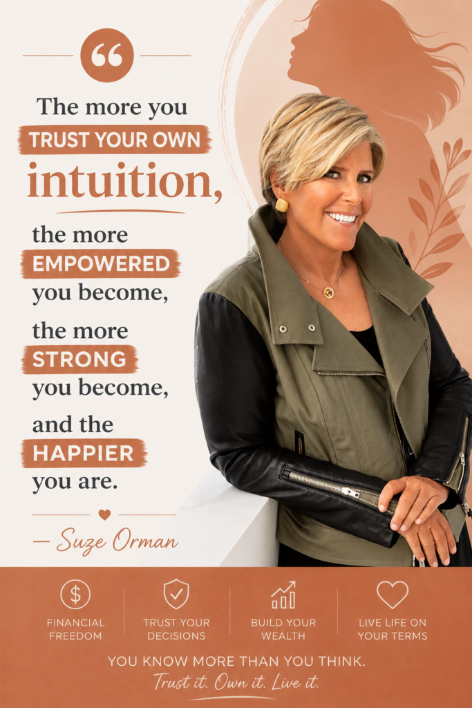 Cream and terracotta Pinterest pin featuring Suze Orman quote about intuition and financial empowerment.