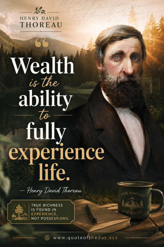 Outdoor nature aesthetic graphic featuring Henry David Thoreau quote about wealth and experiencing life.