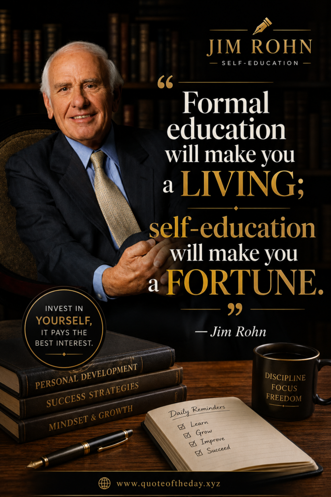 Professional desk aesthetic graphic displaying Jim Rohn quote about self-education and building a fortune.