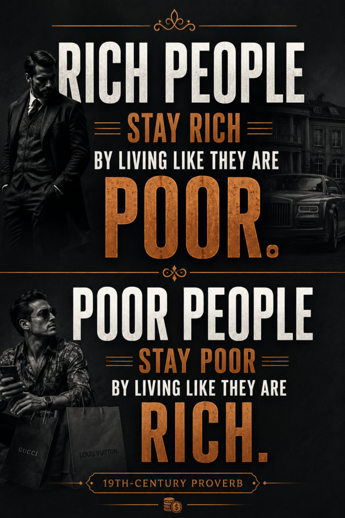 Slate and copper Pinterest pin featuring lifestyle inflation proverb about rich and poor habits.