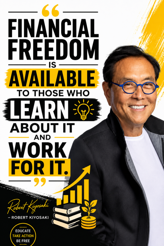 High-impact white and yellow Pinterest graphic featuring Robert Kiyosaki quote on financial freedom.