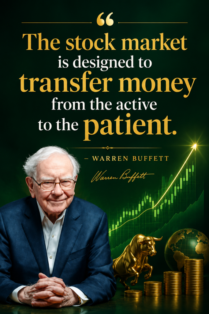 Emerald green investment graphic featuring Warren Buffett quote about stock market patience.