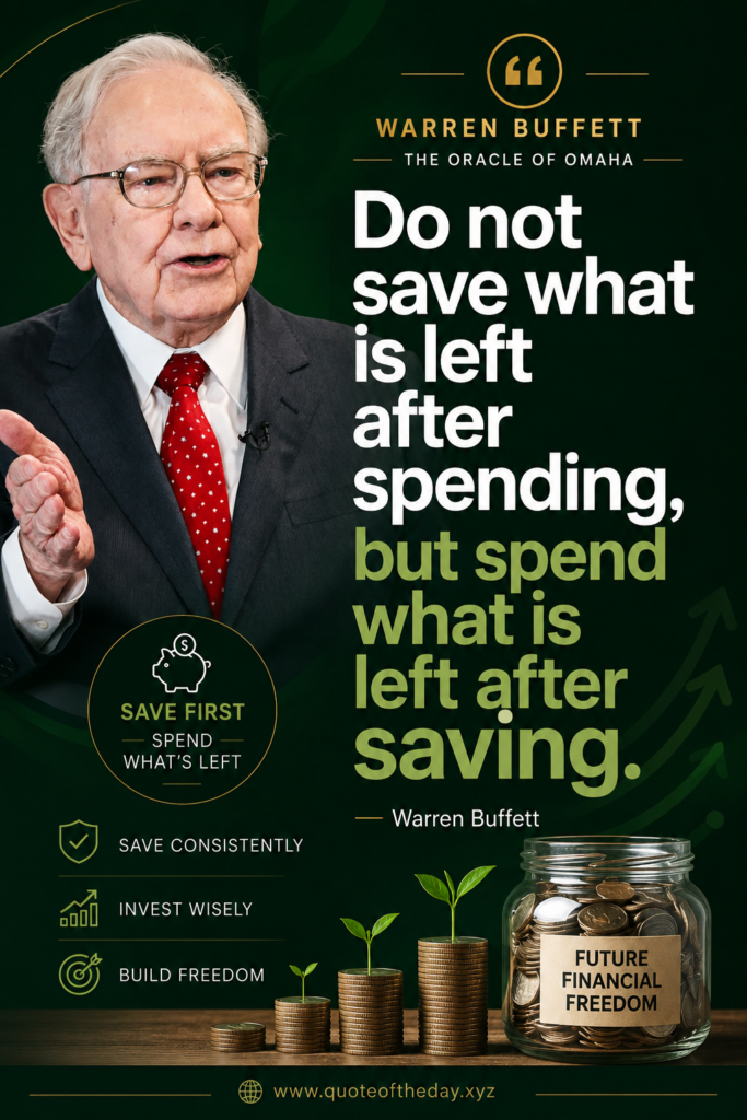 Dark green background Pinterest pin featuring Warren Buffett quote about saving before spending.