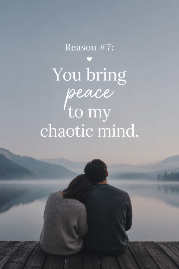 Calming vertical graphic (1000x1500px) of a couple resting their heads together by a quiet, misty lake with text "You bring peace to my chaotic mind."