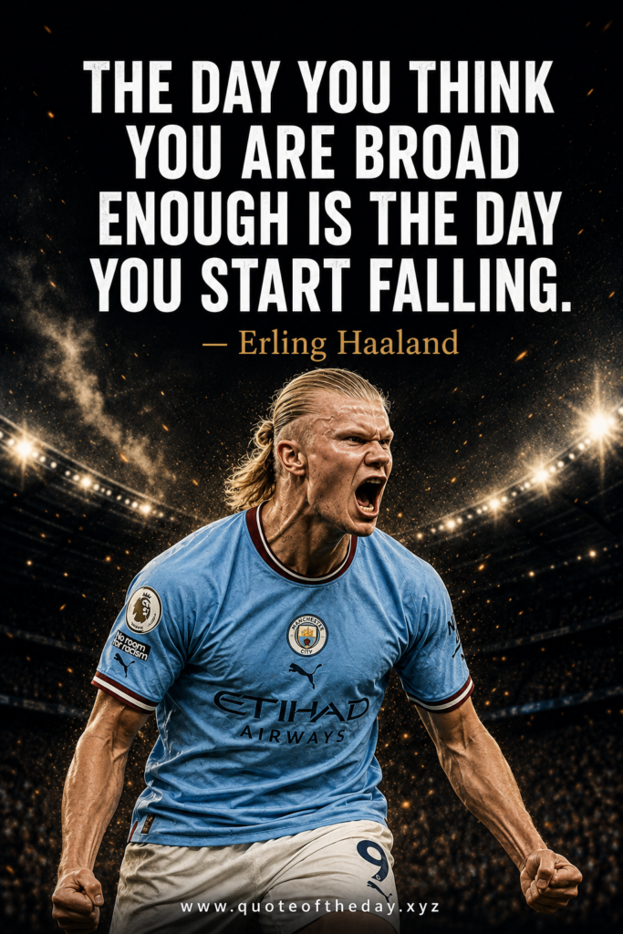 Intense high-contrast digital illustration of Erling Haaland with a text overlay about self-improvement and focus.