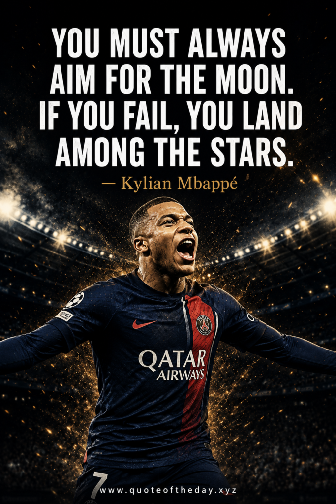 Futuristic midnight blue Pinterest graphic of Kylian Mbappé with a quote about landing among the stars.