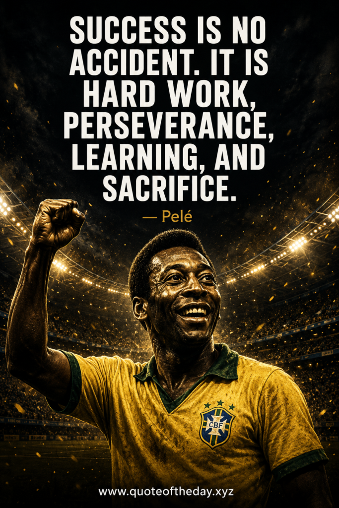 High-contrast dark background pin of football legend Pelé with his famous quote about success and hard work.