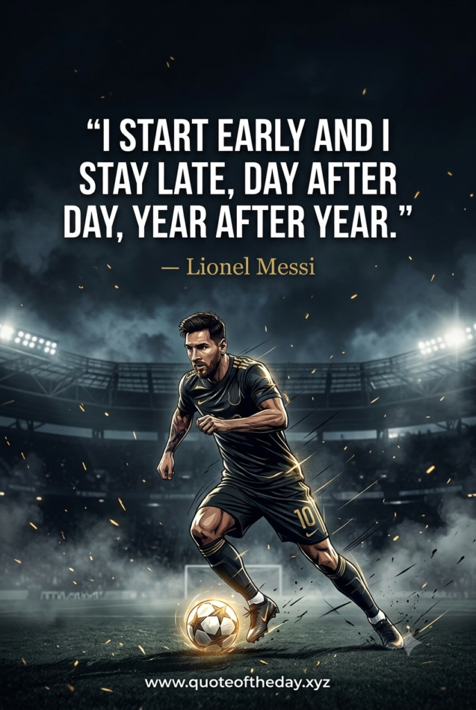 Moody sports graphic of Lionel Messi with a motivational quote about staying late and working day after day.