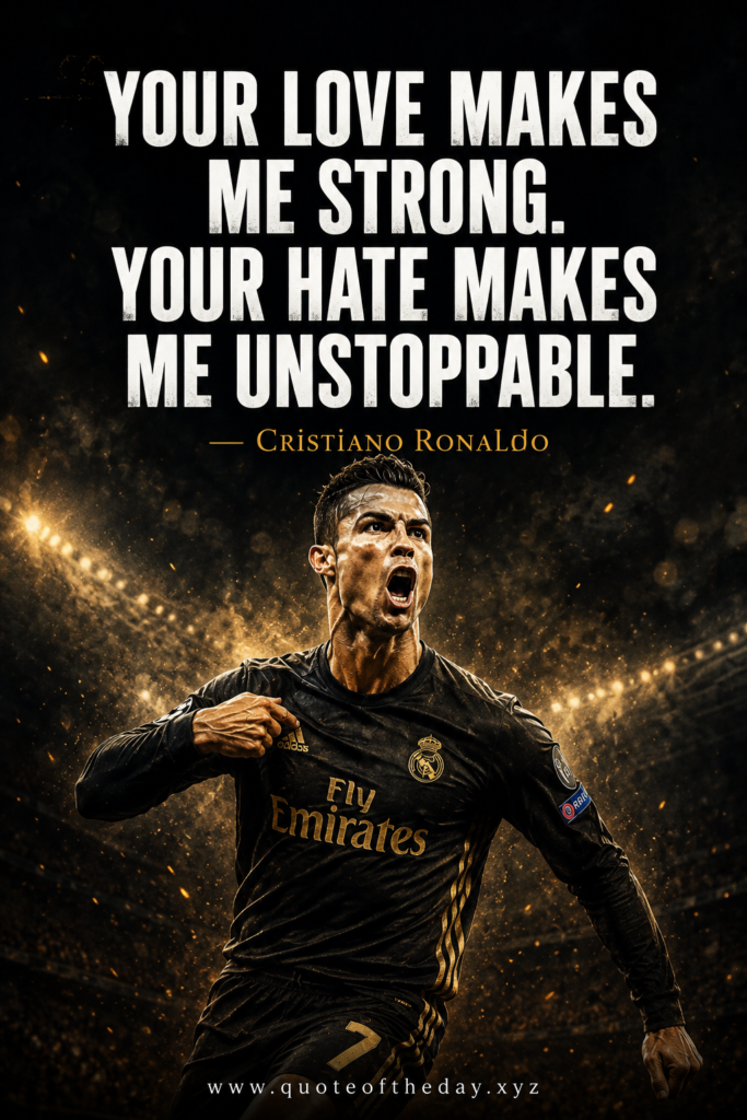 Cinematic black and gold Pinterest pin featuring Cristiano Ronaldo with his famous quote about critics and success.