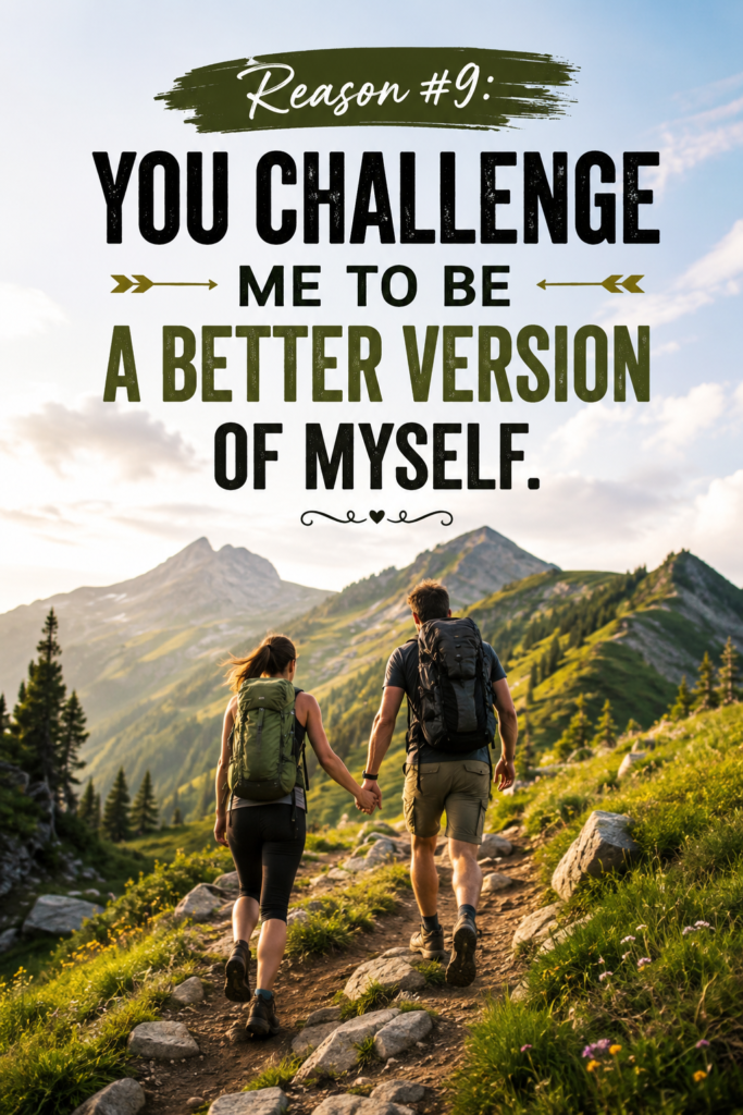 High-energy vertical pin (1000x1500px) showing a couple jogging or walking up a mountain trail together, text "You challenge me to be a better version of myself."
