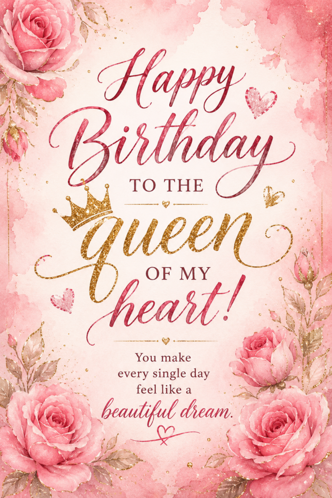 Vertical Pinterest Pin design with pink roses and gold details showing a romantic birthday wish for a wife.