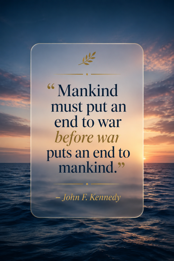A vertical Pinterest pin showing an open ocean horizon with a minimalist glass card displaying a historic quote on peace by John F. Kennedy.