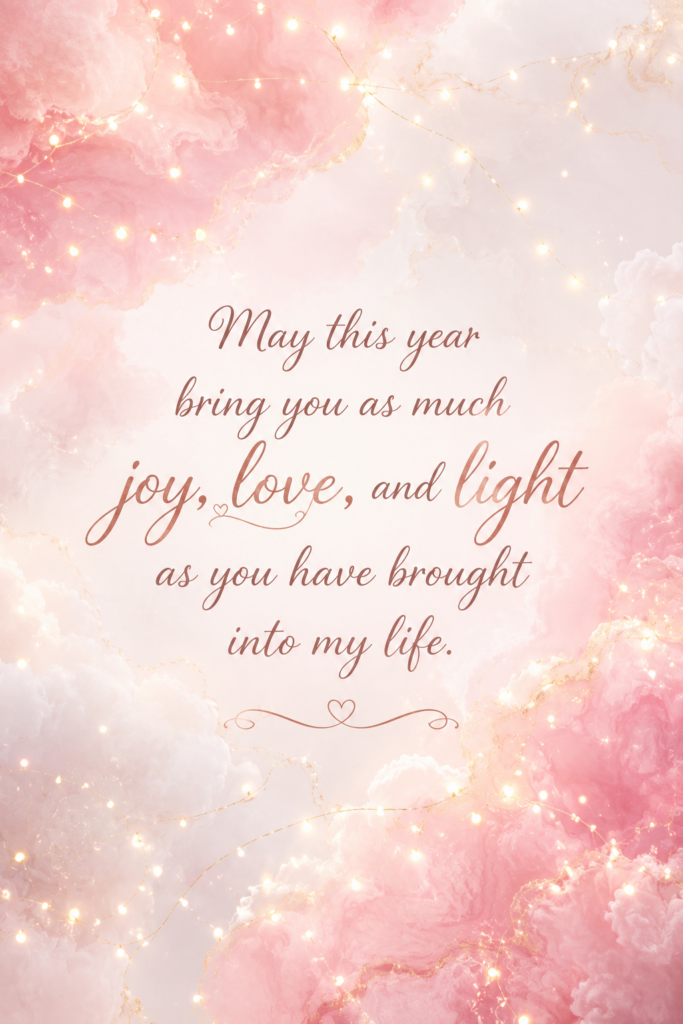 Beautiful pink cloud design with gold sparkles and a sweet birthday blessing for a wife.