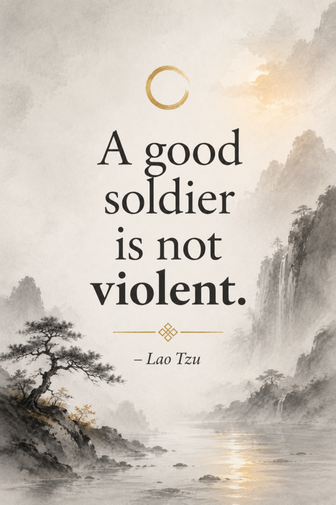 A vertical Pinterest pin featuring a misty ink-wash background with elegant typography highlighting a Taoist quote on restraint by Lao Tzu.