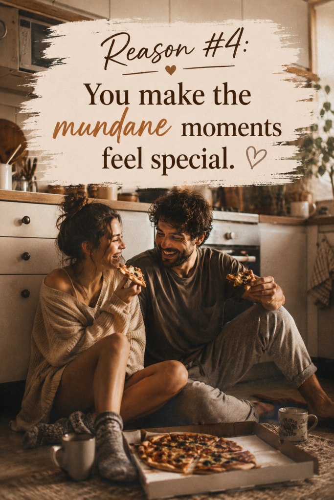 Vertical Pinterest template (1000x1500px) of a couple sitting on a supermarket trolley/cart or kitchen floor laughing, text overlay "You make the mundane moments special."