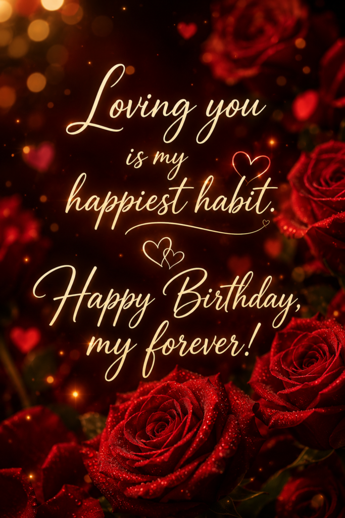 Deep red rose themed vertical Pinterest pin with a romantic cursive birthday quote for a wife.