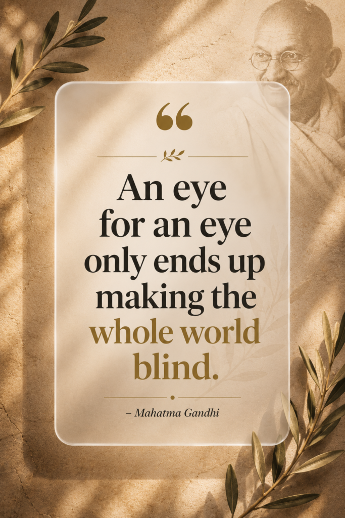 A vertical Pinterest pin with an earthy parchment background and a frosted glass card displaying a famous nonviolence quote by Mahatma Gandhi.