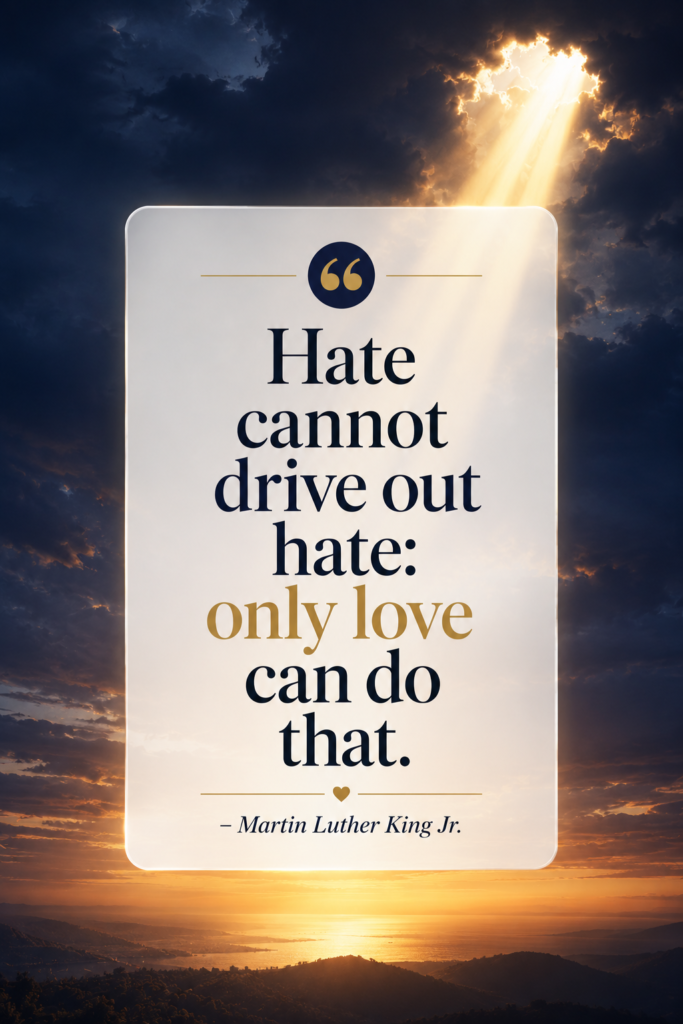 A vertical Pinterest pin featuring a dark sky with a glowing beam of light and a text card highlighting an inspirational quote by Martin Luther King Jr.