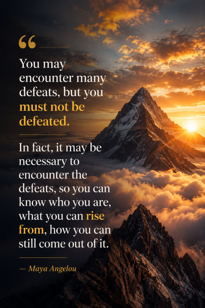 A majestic mountain peak rising above the clouds at sunrise, symbolizing resilience and overcoming defeat.