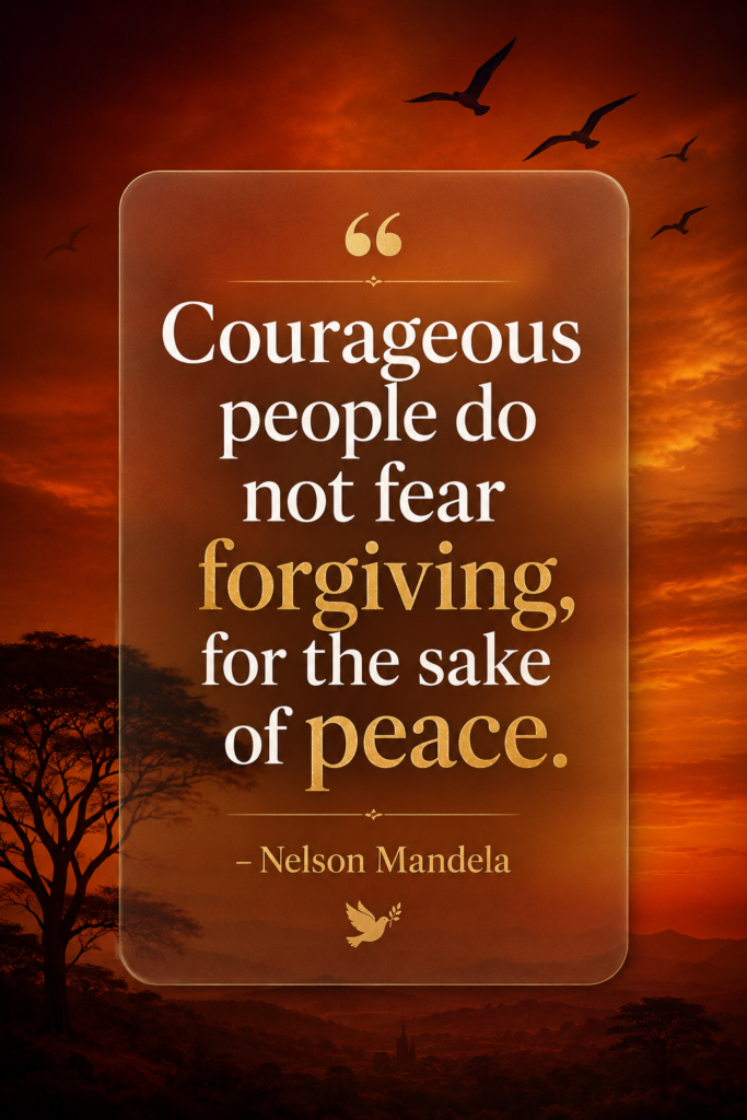 A vertical Pinterest pin with a warm terracotta gradient background and a frosted glass card displaying an inspiring quote on forgiveness by Nelson Mandela.