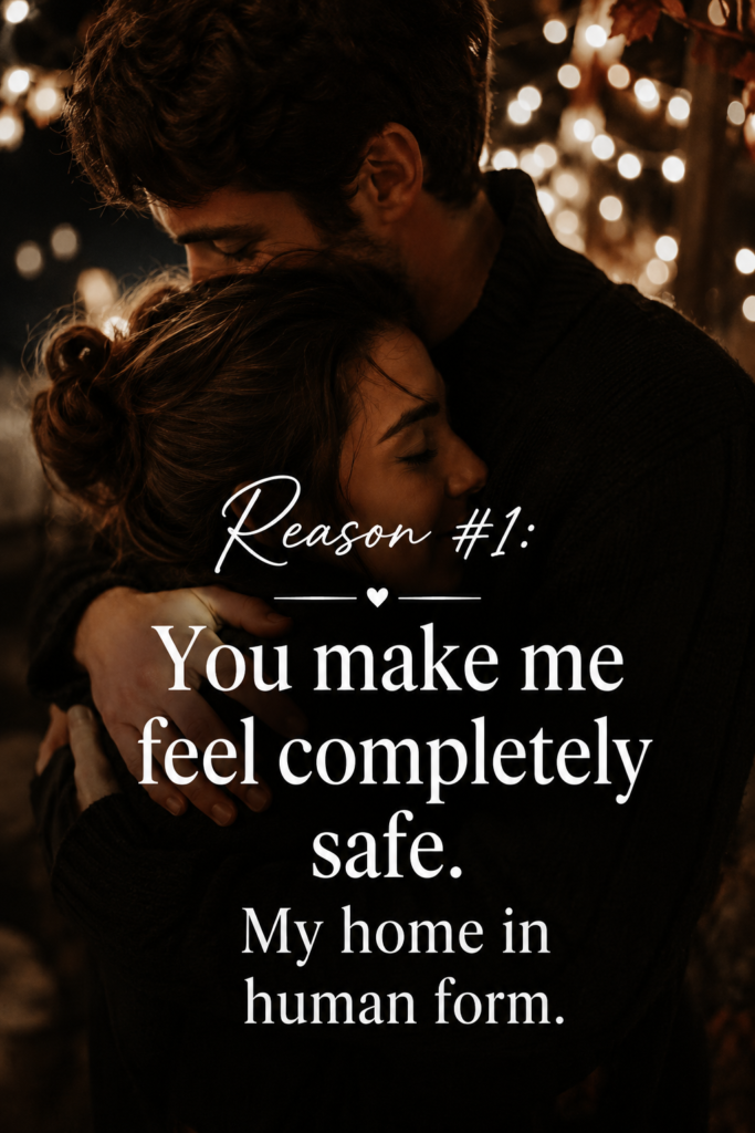 Romantic Pinterest pin in 1000x1500 size showing a close-up of a warm hug under fairy lights with the text "You make me feel completely safe."