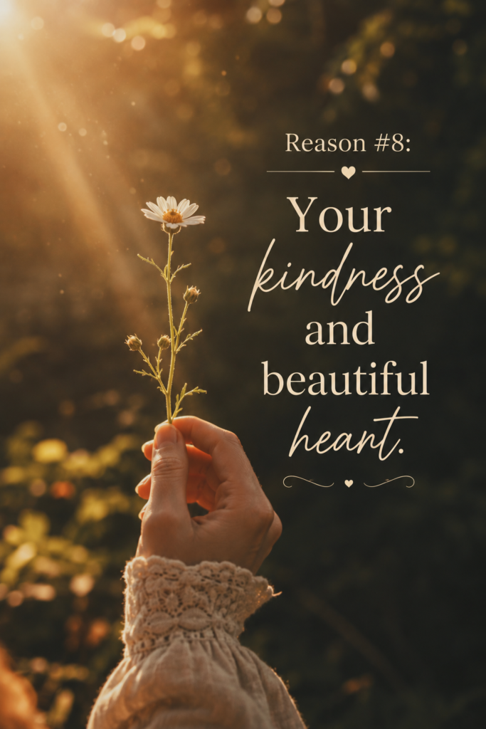 Vertical design (1000x1500px) showing a close-up of a partner gently petting a dog or helping someone, overlay text "Your kindness and beautiful heart."