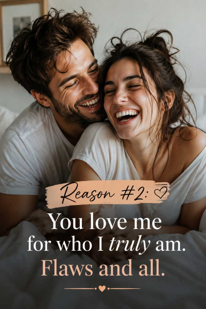 Vertical Pinterest graphic (1000x1500px) showing a couple laughing genuinely with messy hair, featuring the text "You love me for who I truly am."