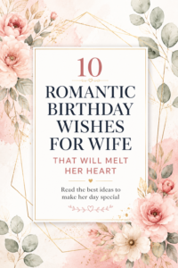 A beautiful vertical Pinterest Pin graphic featuring the text '10 Romantic Birthday Wishes for Wife' on a light pastel floral background with gold lines.