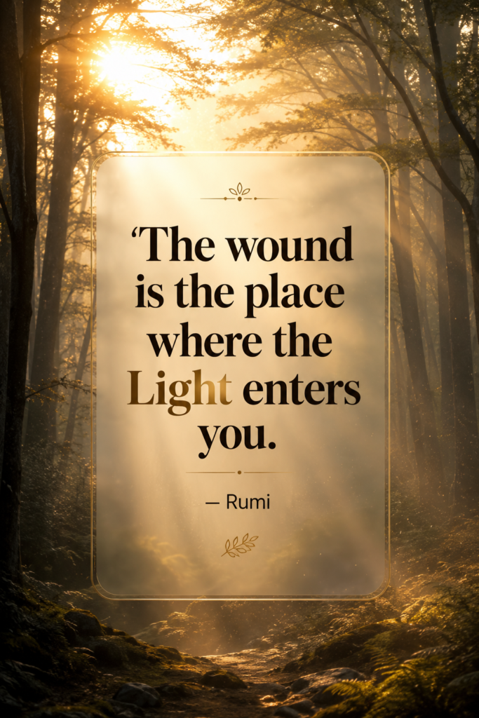 Warm sunlight filtering through a peaceful, misty forest with a soothing aesthetic designed for mental health comfort.