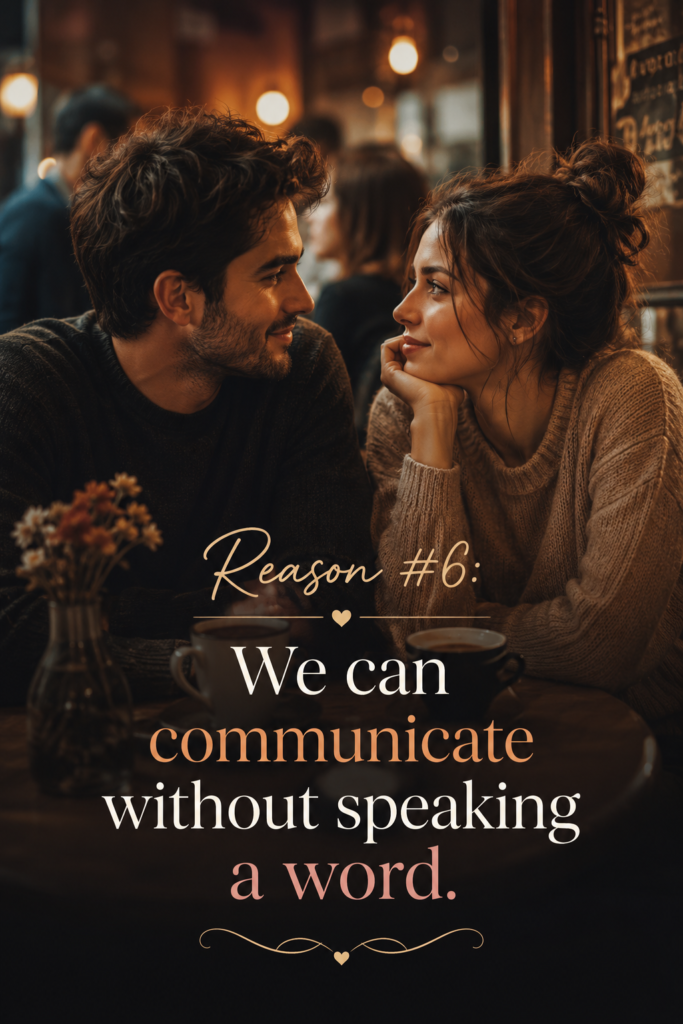 A vertical Pinterest layout (1000x1500px) featuring a couple sharing a knowing glance in a crowded room, overlay text "We communicate without speaking a word."