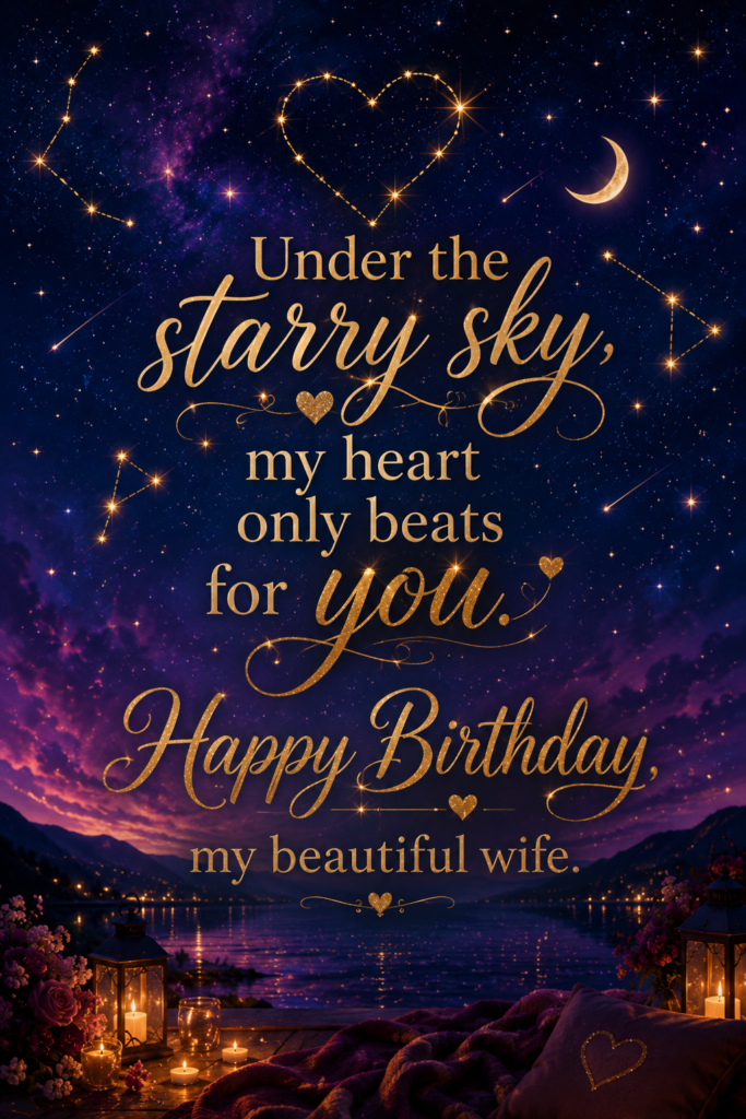 A dark starry night background with gold typography for a romantic wife birthday wish.