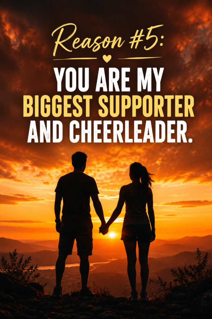 Vertical pin (1000x1500px) showing a couple squeezing hands during a sunset, text reads "You are my biggest supporter."