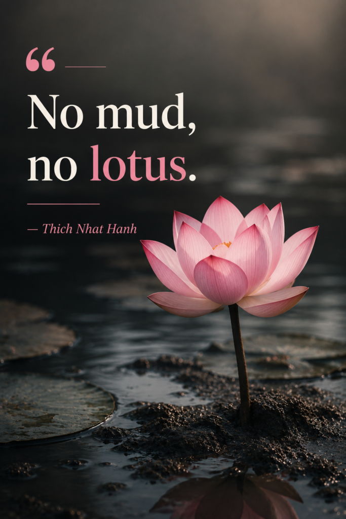 A pristine pink lotus flower blooming gracefully out of dark water, representing growth through suffering.