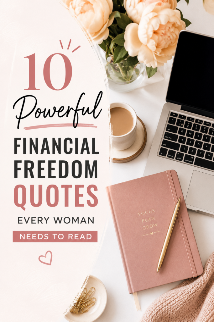 Elegant flat lay aesthetic graphic featuring the title text about financial freedom quotes for women.