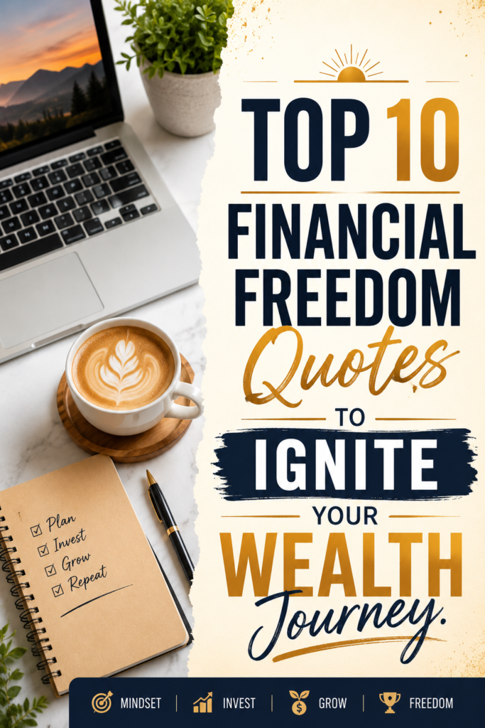 Flat lay aesthetic image with text overlay listing top financial freedom quotes for wealth building.