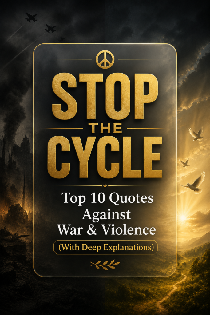 A vertical Pinterest pin featuring a moody dark slate background with a glowing glass card displaying the title Top 10 Quotes Against War and Violence with Explanations.