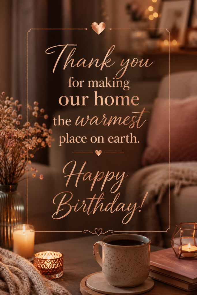 Cozy aesthetic vertical graphic with a warm rose-gold birthday quote thanking a wife.