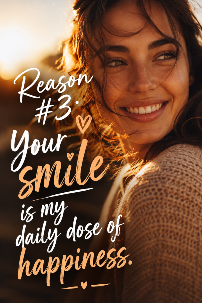 Warm-toned vertical pin (1000x1500px) capturing a beautiful, close-up laugh of a partner with the text "Your smile is my daily dose of happiness."