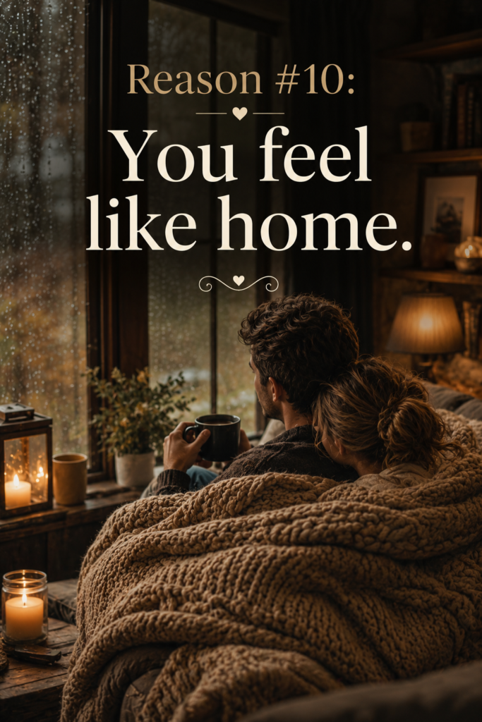 Cozy vertical Pinterest pin (1000x1500px) showing a couple wrapped in a warm blanket near a fireplace, text overlay reads "You feel like home."