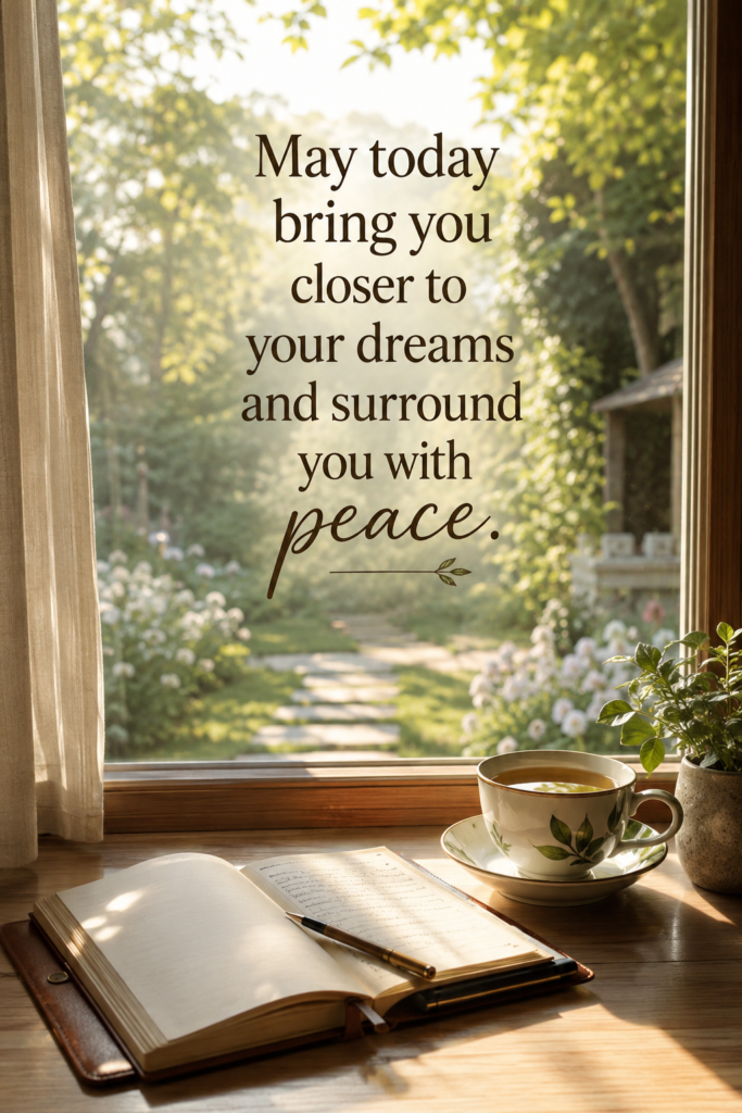 A peaceful notebook and a cup of coffee placed by a sunlit window overlooking a quiet garden.