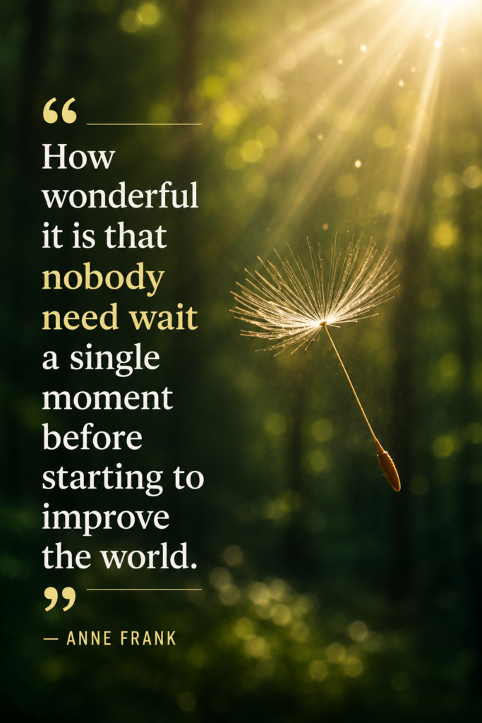 A single glowing seed floating in the wind against a soft green background, symbolizing small actions creating massive impact.