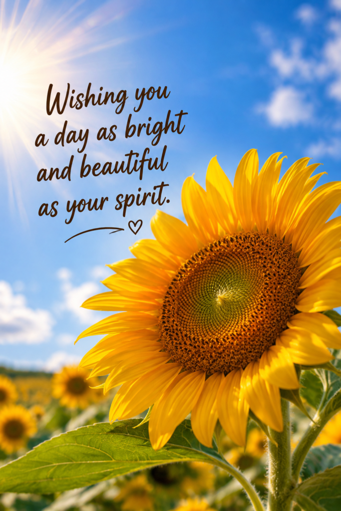 A bright yellow sunflower blooming vibrantly under a clear, beautiful morning sky.