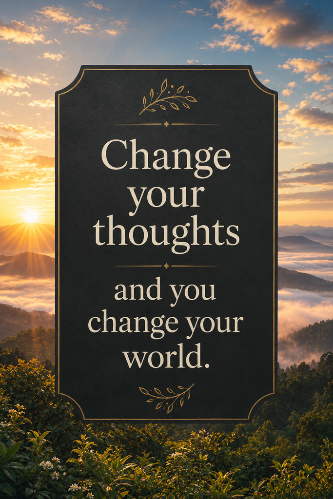 Serene sky background highlighting a powerful quote about changing internal thoughts and mindset.