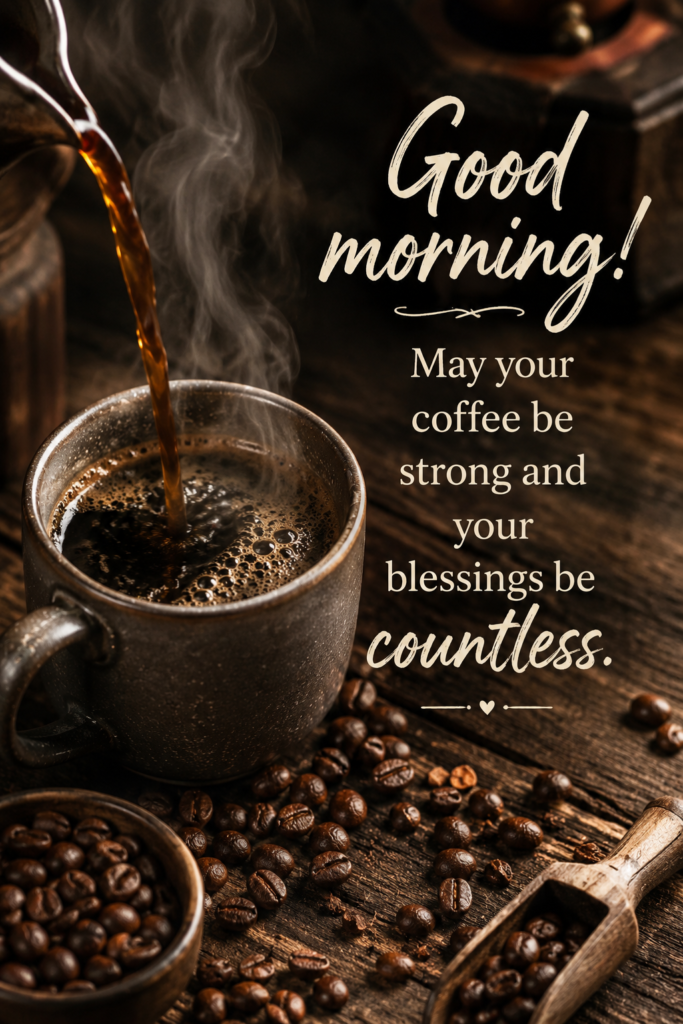 A steaming cup of dark coffee next to fresh coffee beans scattered on a rustic wooden table.