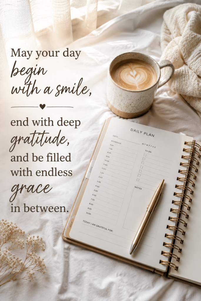 An aesthetic morning setup featuring a warm drink, a structured daily planner, and a pen on a cozy white bedsheet.