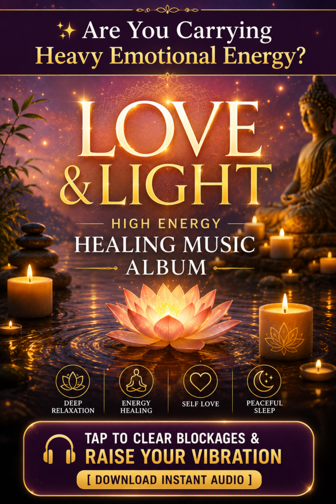 Digital audio album cover and peaceful meditation setup featuring high energy healing music for deep relaxation.