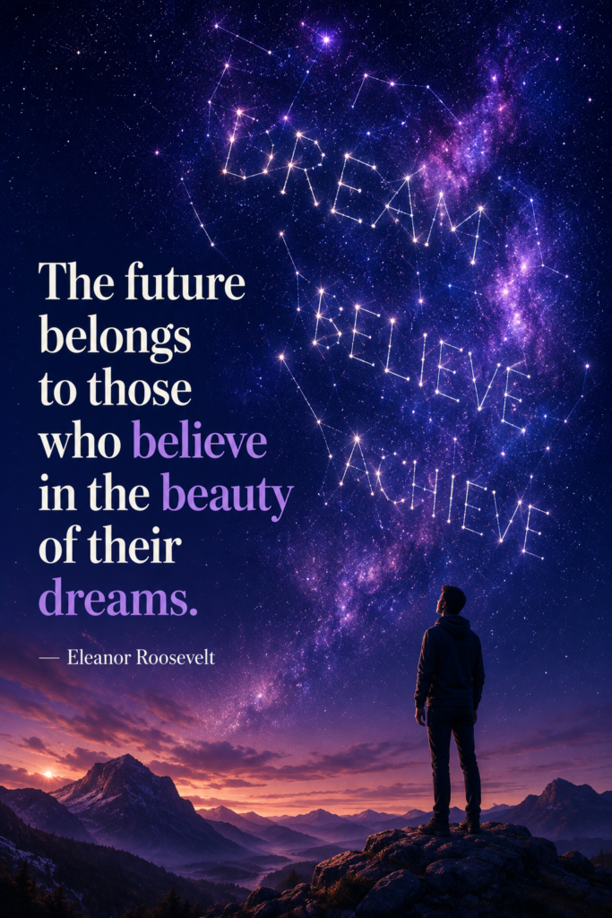 A young visionary looking up at a starry night sky filled with glowing constellation patterns representing future goals.